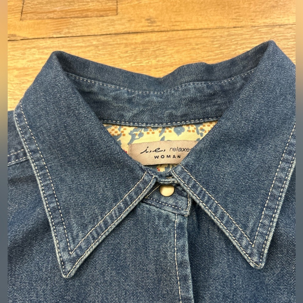 i. e Relaxed Woman Denim Snap Button Western Shirt Dark Wash Long Sleeve Utility - Picture 6 of 15